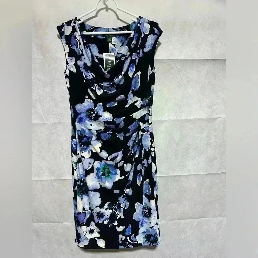 *NEW LAUREN RALPH LAUREN Sz 10 Dress Floral Faux Wrap Cowl Neck Ruched Side $134